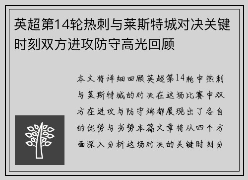 英超第14轮热刺与莱斯特城对决关键时刻双方进攻防守高光回顾