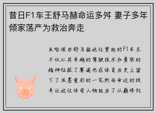 昔日F1车王舒马赫命运多舛 妻子多年倾家荡产为救治奔走
