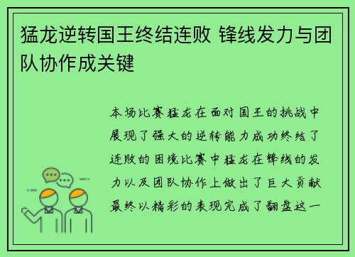猛龙逆转国王终结连败 锋线发力与团队协作成关键